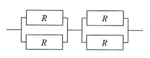 Rと表示された箱が上下に2個並んだ並列ブロックが左右に2組あり,その2組が直列に接続されている(並列2個×2ブロックが直列接続)。