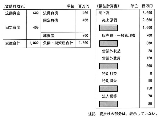 貸借対照表と損益計算書。損益計算書の一部項目(売上総利益、営業利益、経常利益、税引前当期純利益、当期純利益に相当する行)は網掛けで非表示になっている。